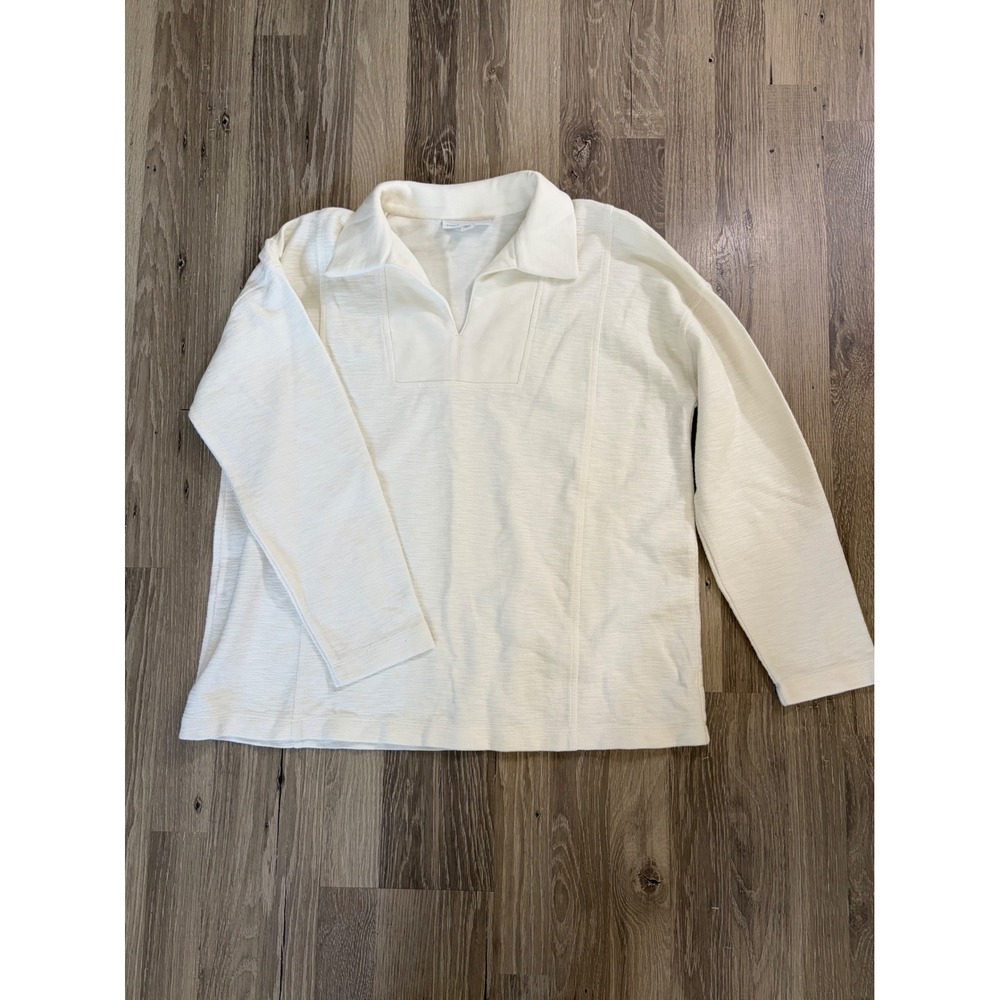 Pure Jill J. Jill Top Cream Organic Cotton Sz M Collared V-Neck Pullover Coastal